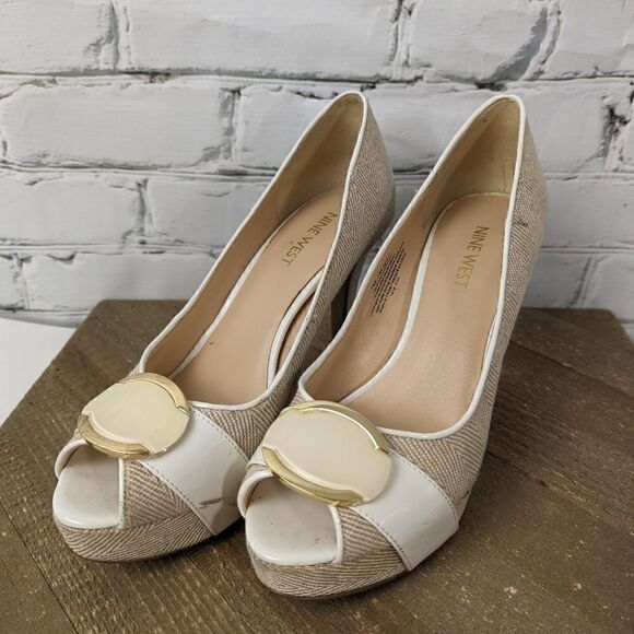 Nine west peep toe platform stiletto heels size 7M tweed leather - Picture 1 of 10